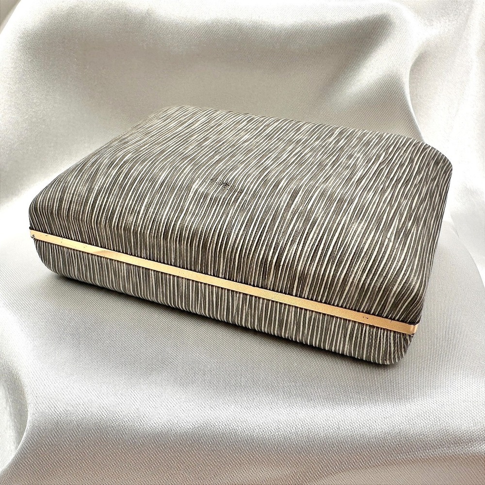 Vintage 80s Krementz Grey‎ Textured Silk Presentation Box Gold Tone Trim Jewelry
